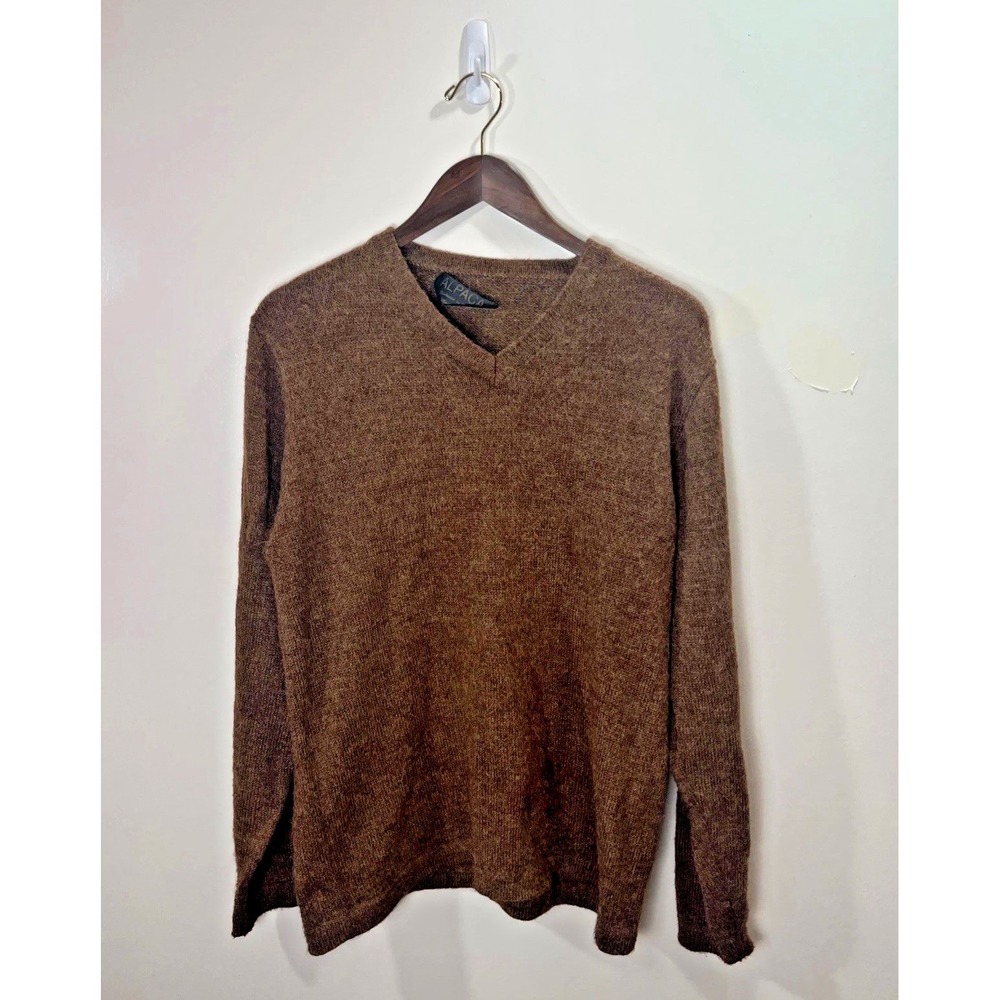 Alpaca Peruvian Men's V-neck Sweater Size L Brown Classic Luxurious Academiacore
